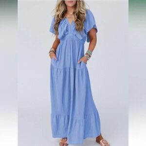NWOT Blue V-Neck Front/Back Boho Side Pockets, Heavy Tiered Maxi Dress, Plus 2X